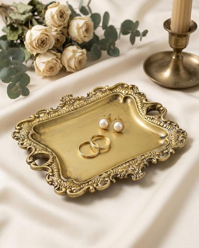 8x7 inch Vintage Gold Jewelry Tray, Middle Decorative Trinket Dish | Rings and Perfume Organizer for Vanity, Elegant Baroque Style Accessory for Wedding Detail Photography