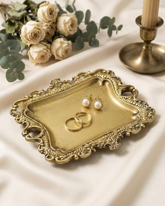 8x7 inch Vintage Gold Jewelry Tray, Middle Decorative Trinket Dish | Rings and Perfume Organizer for Vanity, Elegant Baroque Style Accessory for Wedding Detail Photography