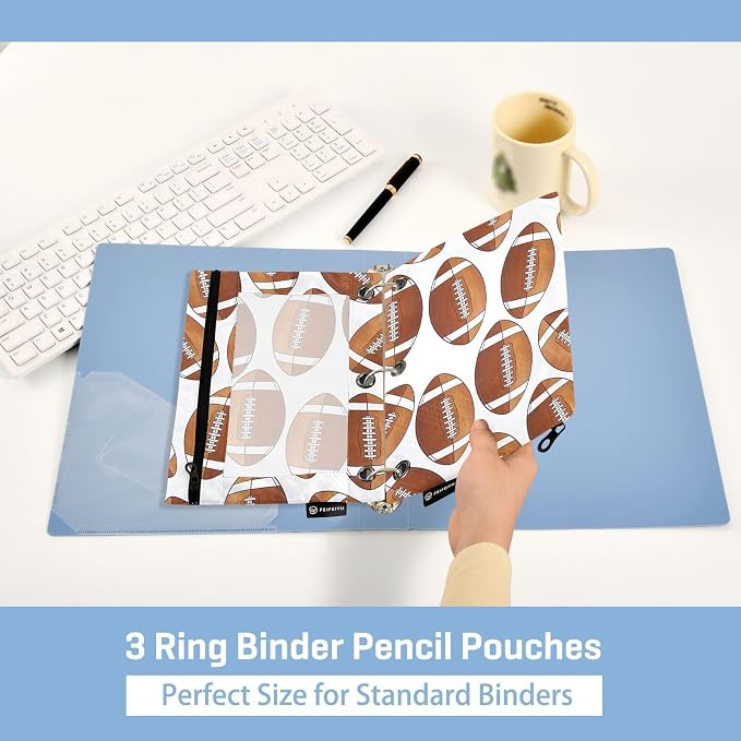 American Football Pencil Pouches for 3 Ring Binder, Zipper Binder Pencil Case, 2 Pack Clear Window Case Bag for Office Organizers
