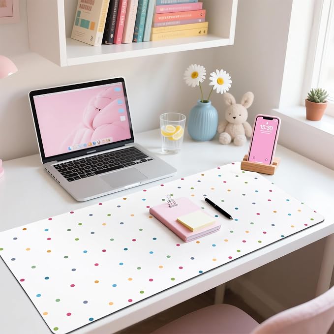 Kawaii Polka Dot Leather Desk Mat Extended Gaming Mouse Pad | Non-slip Large Writing Pad Laptop Blotter Computer Keyboard Mat | Cute White Desk Protector for Home Office 27.6" x 13.8"