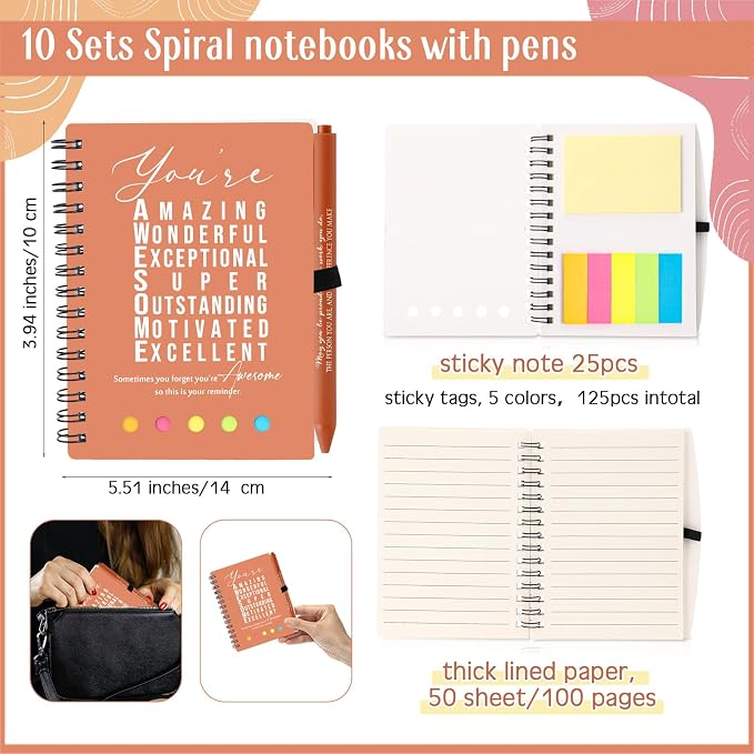 Jetec 20 Pcs/10 Sets Back to School Teacher Gifts Motivational Spiral Notebook with Sticky Notes Pen Bulk Inspirational Journals Thank You Gift for Employee Coworker Birthday Party (Light Morandi)