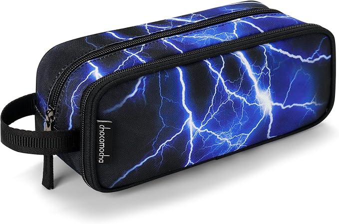 Choco Mocha Boys Pencil Case for Kids, Soft Large Zipper Pencil Pouch for Boys with 2 Compartments Boy Pencil Case for School Lightning Pencil Bag, Blue