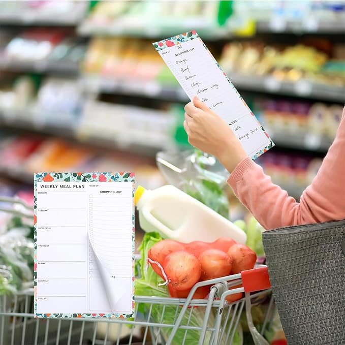 Thboxes 60 Sheets Magnetic Weekly Meal Planner for Fridge, Grocery List Pad | Tear-Off Shopping List, 7 x 10 In, Flower Design, Full Backing Grip, for Meal Prep, Kitchen, Families, Parents, Home Office