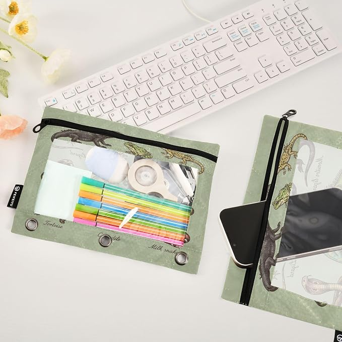 Green Animal Pencil Pouch for 3 Ring Binder 2 Pcs Pockets Pencil Pouches Bag with Clear Pencil Case Cosmetic Bag for Storing College Office Supplies
