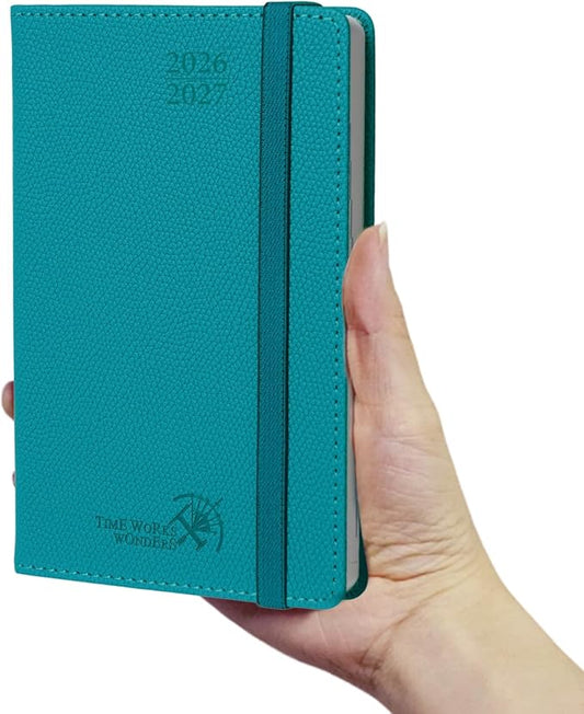 POPRUN 2026-2027 Small Weekly Planner, 4" x 6.25" Pocket Calendar for Purse | Academic Year (Jul 2026 - Jun 2027) Daily Planner with Lined Sections, Leather Hardcover, 100GSM Paper - Pacific Green