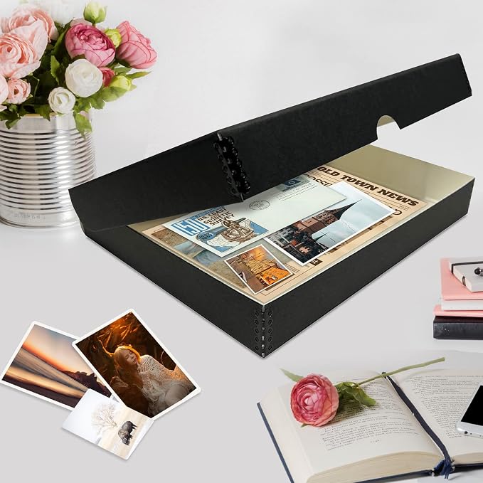 Lineco Clamshell Archival Storage Box, 9.5x12.5x1.75 Inch, Black, Pack of 2 | Acid-Free with Metal Edge Boxboard, Organize and Store Photos Documents Cards Negatives Magazine Prints Family Records DIY