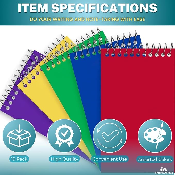 1InTheOffice Wirebound Spiral Memo Books, Memo Pads, 3" x 5", College Ruled, Small Notepad 3x5, Assorted, 75 Sheets/Pad, 5 Pads/Pack (10)