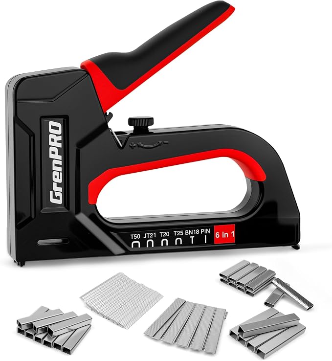 GRENPRO Staple Gun, 6-in-1 Manual Brad Nailer with 5000 Staples, Upholstery Stapler Gun for Wood, Carpentry, DIY Crafts, Furniture