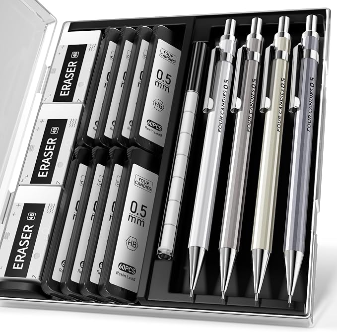 4PCS Metal Mechanical Pencil Set, 0.5mm Fine Point, Pack with Storage Case | 480 Leads, 3 Erasers+9 Refills, For School Writing, Sketching, Art Drawing & Professional Drafting