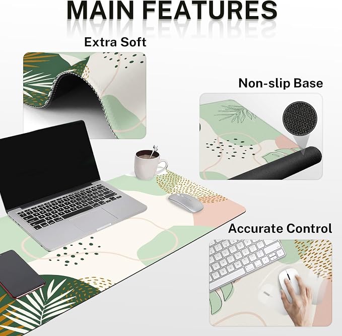 Britimes Green Boho Leaves Keyboard Mouse Pad Set 4in1 Large Mousepad+Keyboard Wrist Rest+Mouse Wrist Rest+Coaster Set with Ergonomic Design for Home Office Computer 35.4x15.7 inches