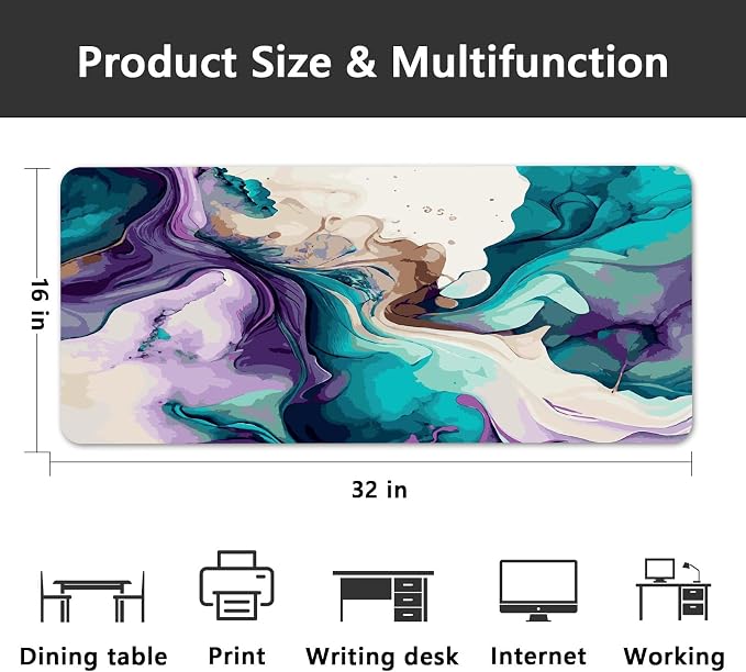 Britimes Teal and Purple Liquid Marble Desk Mat Colorful Deak Pad Non-Slip PU Leather Large Keyboard Mouse Pad Office Desktop Accessories for Office,Work,Home Decor(31.5"X15.7")