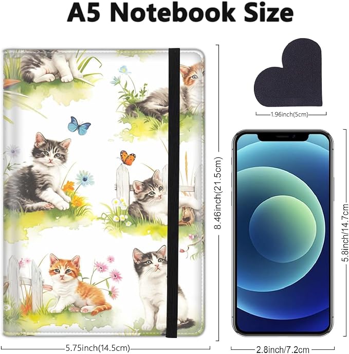 A5 Leather Lined Journal Notebook, 200 Pages Hardcover Executive Notebook for Office School Note Taking, Thick Writing Paper Daily Journal with Bookmarks/Indexes, Watercolor Cats and Flowers