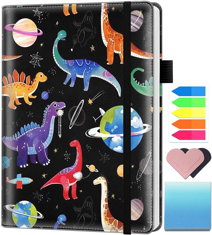 A5 Leather Lined Journal Notebook, 200 Pages Hardcover Executive Notebook for Men Women Office School Note Taking, Thick Writing Paper Daily Journal with Bookmarks/Indexes, Dinosaur Space Pattern