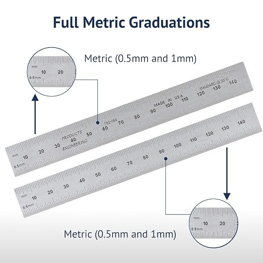 PEC Tools 150mm High Contrast Metal Ruler, Stainless Steel with Black Chrome Finish, Fully Metric Graduation (0.5mm, 1.0mm), Easy to Read Machinist Rule, Made in USA