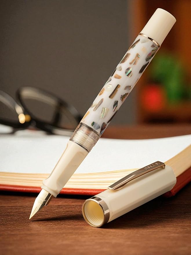 Jinhao 58 Fountain Pen - Natural Sea Shell Inlay Fine Nib Writing Pen with Ink Converter & Silver Metal Gift Box, Ivory White