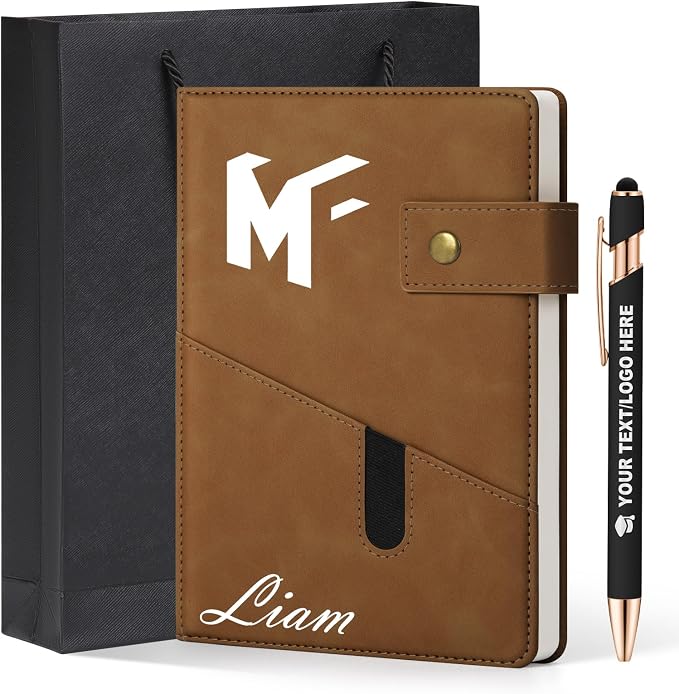 ENOMY A5 Personalized Notebook Journal with Pen & Gift Set Custom Hardcover Notebook 200 Pages Thick Daily Diary for Men Women Lined Journal for Work College Travel Writing, Brown