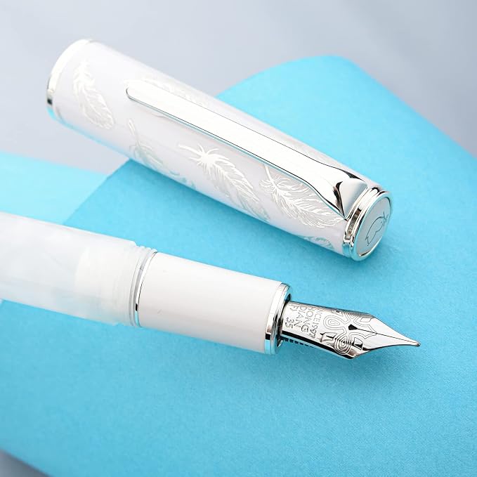 HONG DIAN N8 White Acrylic Resin Fountain Pen, Iridium Extra Fine Nib Silver Plated Feather Carving Cap Smooth Writing Pen with Converter and Metal Pen Box Set