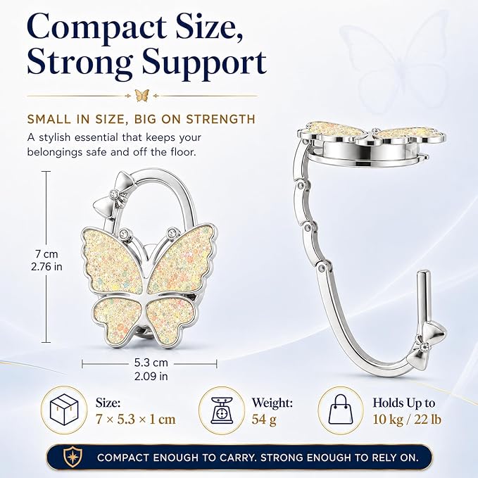 Purse Hook for Table, Foldable Handbag Hanger for Women, Portable Bag Holder with Non-Slip Base, Cute Bling Yellow Butterfly Purse Table Hook for Restaurant Office Travel Gift