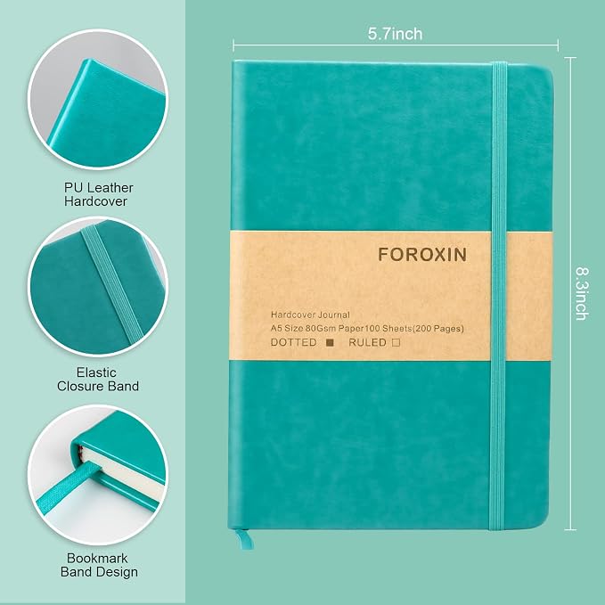 Journal notebook (A5-Dotted, Turquoise Color),192 Pages, Medium 5.7X8.3 inches - 80 gsm Thick Paper, Hardcover