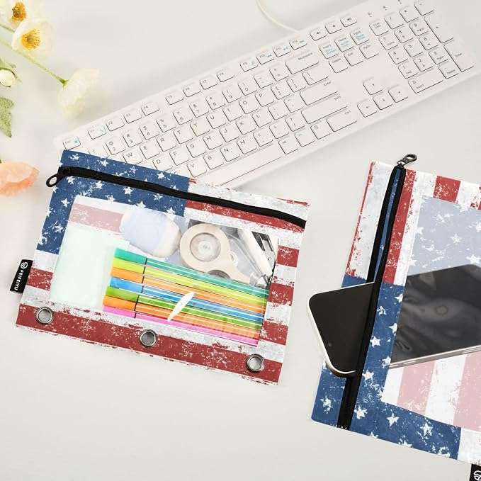 ALAZA Pencil Pouch for 3 Ring Binder, Blue Red White Grunge American Flag Binder Pencil Pouches with Clear Window Zipper Pencil Case Cosmetic Bags for Office College Supplies, 2PCS