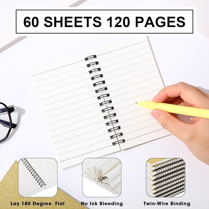 Jutom 18 Pcs Small Spiral Notebooks Memo Pads 3x5 Bulk Small Pocket Notepads Back to School Supplies Mini Notebook with Lined Mini Journals for Office & Work, 120 Pages (Glitter Gold)