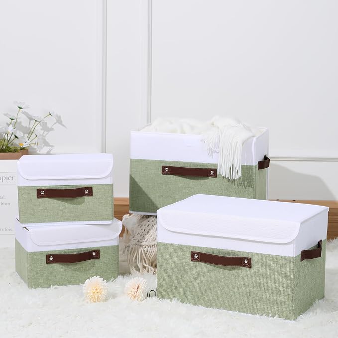 ANMINY Storage Boxes with Lids Washable Decorative Storage Bins Basket with PU Leather Handle Foldable Linen Fabric Storage Cubes Containers for Home Closet Organizer - Green White, Large Size