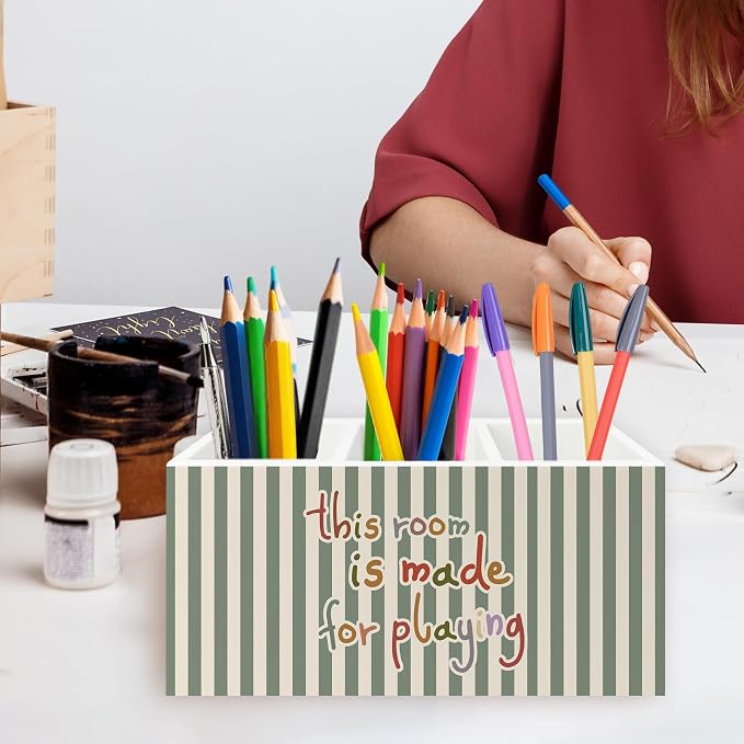 Kids Playroom Pen Pencil Holder Organizer for Desk, This Room Is Made for Playing Sage Green Striped Wooden Box Signs Decorations for Kids Nursery Room Bedroom Playroom Desk Tabletop