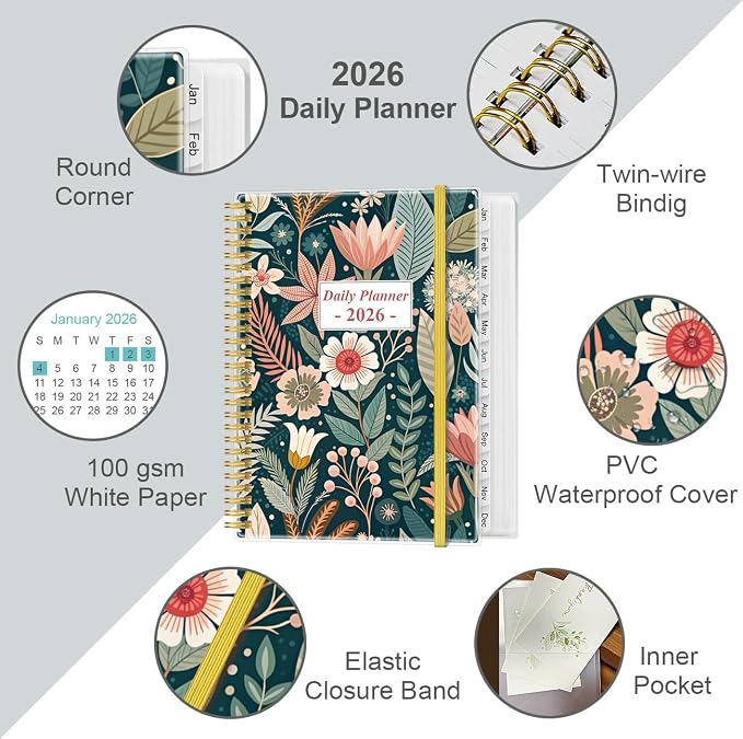 2026-2027 Daily & Monthly Planner - One Page Per Day, Daily Planner from July 2026 - June 2027, Planner 2026-2027 with 12 Monthly Tabs, 8.5" x 11", Flower-B