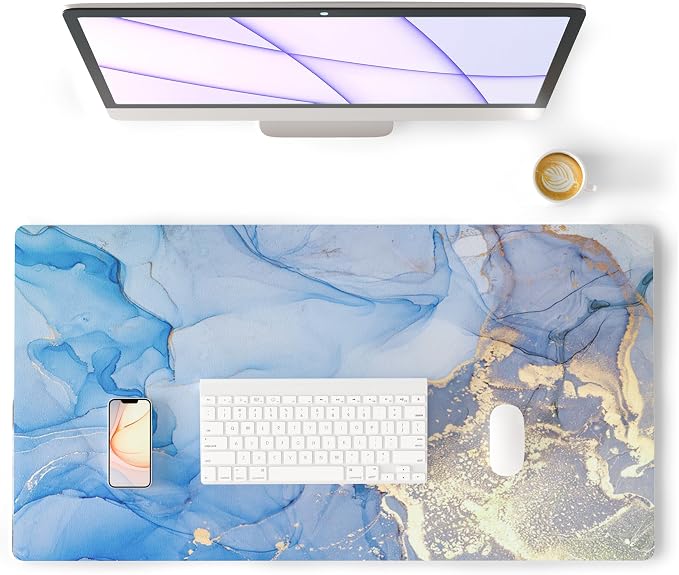 Colorful Star Blue Marble Leather Desk Mat, 31.5" x 11.8" | Waterproof Large Keyboard and Gaming Mouse Pads, Non-Slip Blotter Writing Pad, Desk Decor Accessories for Women & Men