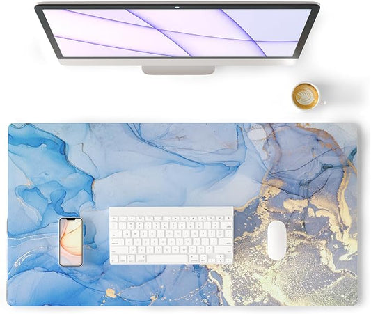 Colorful Star Blue Marble Leather Desk Mat, 31.5" x 11.8" | Waterproof Large Keyboard and Gaming Mouse Pads, Non-Slip Blotter Writing Pad, Desk Decor Accessories for Women & Men
