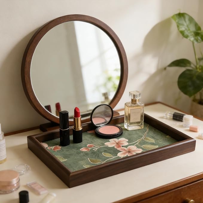 Wooden Valet Tray with Floral Base, EDC Catch All Tray Nightstand Entryway Table Vanity Organizer 11.8x7.9, Green Vintage Blossoms