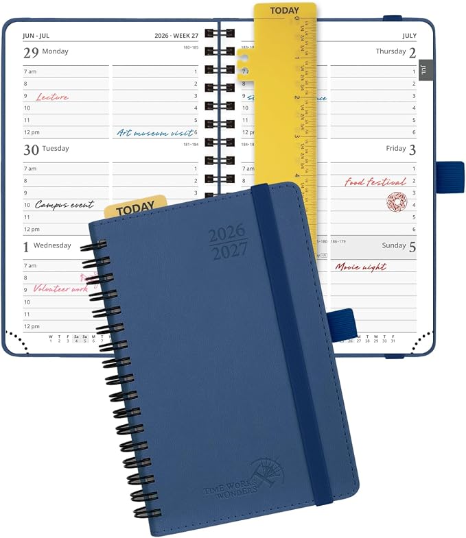POPRUN Pocket Planner 2026-2027 (Size 4''x6.25'') Academic Pocket Calendar | Weekly Planner, Small Calendar Book(July 2026 - June 2027) with Hourly Time Slots, Spiral Leather Cover - Navy Blue