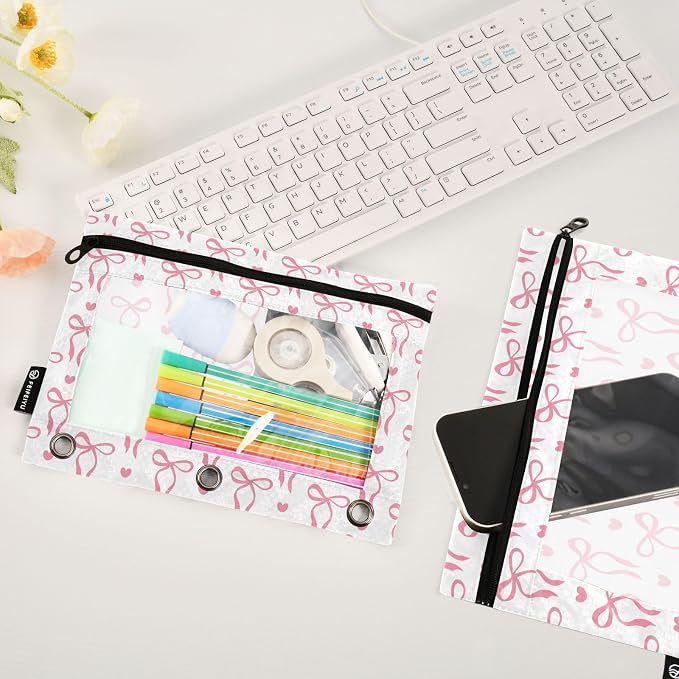 Gredecor 3 Ring Binder Pencil Pouch, Romantic Pink Bows Hearts Zippered Pen Case Pouches with Clear Window, 2 Pack Stylish Office & School Supplie