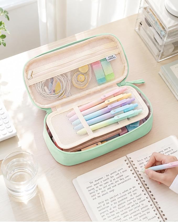 Four Candies Large Pencil Case, 5 Compartments Pen Organizer, Big Capacity Canvas Pencil Pouch Bag for School Supplies, Portable Stationery Holder for Teen Girls, Women (Peppermint Green)