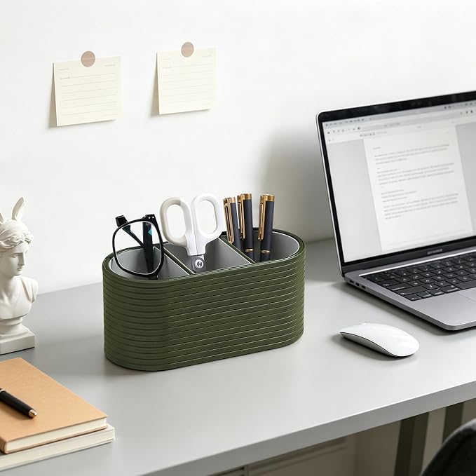 PU Leather Remote Control Holder, Modern Oval Pen Holder for Desk, 3-Compartment Desk Caddy for Remotes, Glasses, Pens, Small Desk Organizer for Nightstand, Coffee Table, Office (Olive Green)