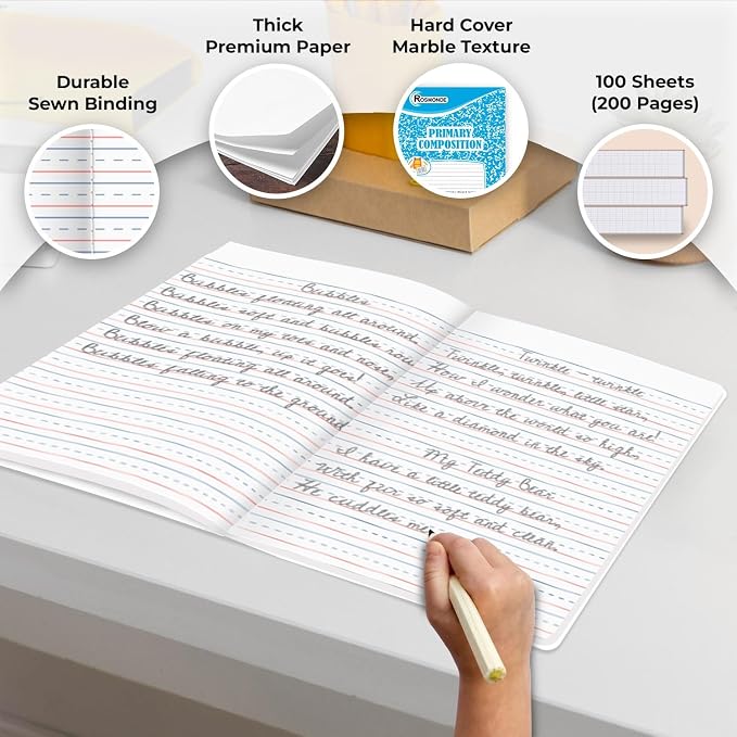 Rosmonde Bulk Primary Ruled Composition Notebooks, 50 Pack, 100 Sheets | Bulk Writing Journals, 200 Pages (100 Sheets), 9-3/4" x 7-1/2", Grades K-2, Hardcover, Bulk Primary Ruled Assorted Marble