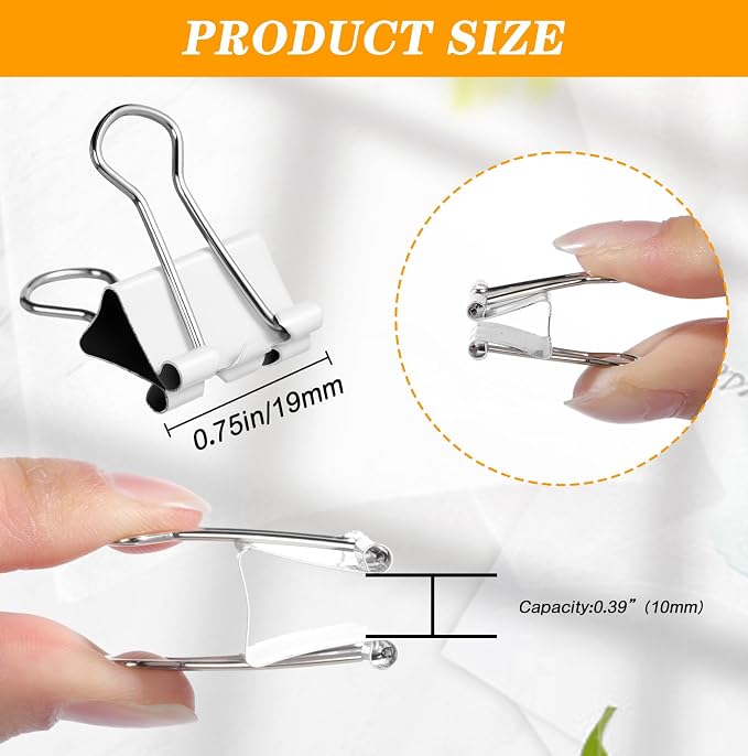 Jetec 300 Pcs 0.75in/19mm White Metal Material Binder Clips Bulk Medium Reusable Fold Back Binder Clips Paper Clamps Spring Steel Sturdy for Home Office School Supplies