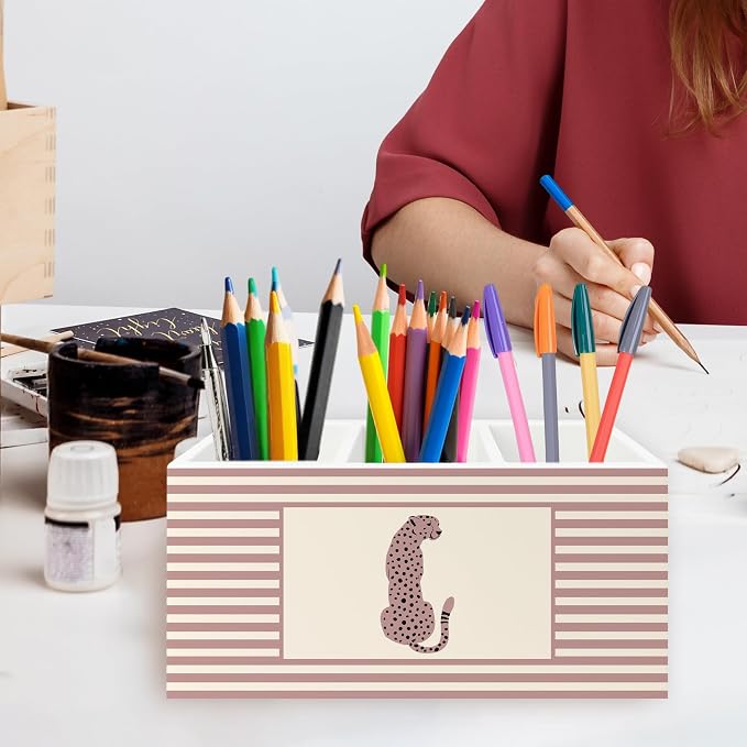 Trendy Retro Leopard Pen Pencil Holder Organizer for Desk, Pink Striped Leopard Wild Animal Wooden Box Signs Decorations for Girls Room Bedroom Desk Tabletop, Cheetah Gifts for Women Men