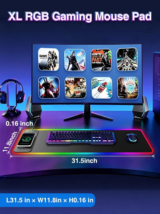 XL RGB Gaming Mouse Pad with 15W Magnetic Wireless Charging, 31.5'' x 11.8'' Extra Large LED Mousepad, 24 Lighting Effects Desk Mat with Non-Slip Rubber Base, Waterproof Ultra-Smooth Surface