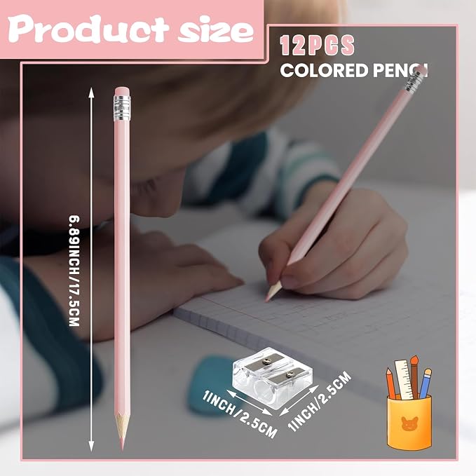 12 PCS Macaron Pink Colored Pencils with Eraser Pre Sharpened Pencil 2 HB - Ideal for Checking, Grading, Tests & Office/School Supplies
