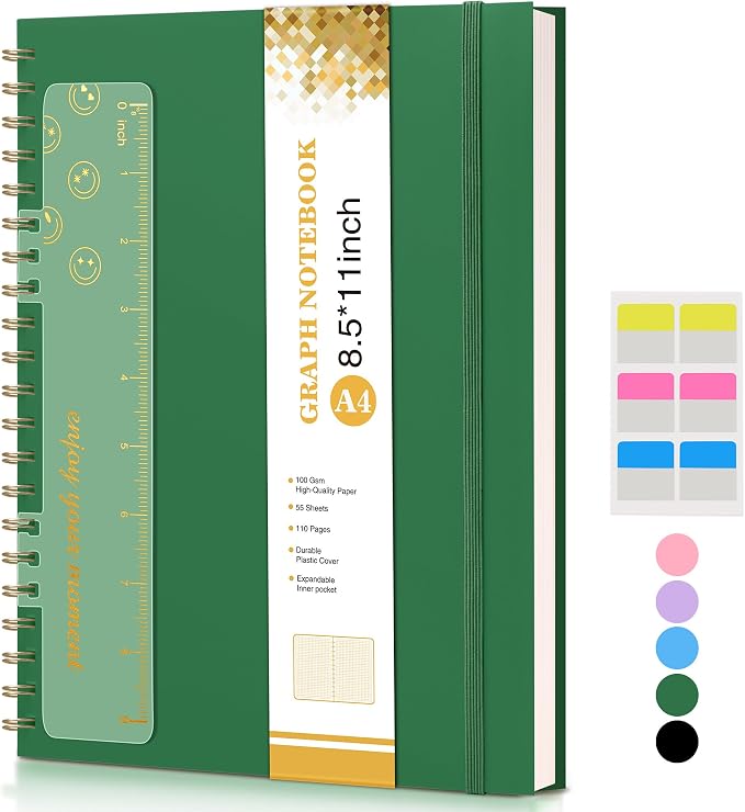 Graph Paper Notebook, Spiral Notebook Journal 8.5” x 11”, A4 Large Grid Notebooks for Women Men, 100 GSM Graph Paper, Plastic Hardcover Spiral Graphing Journals for Work School Engineerin, Green