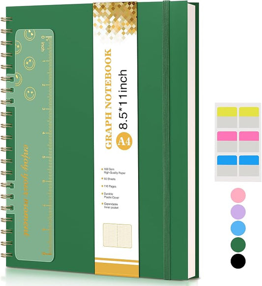 Graph Paper Notebook, Spiral Notebook Journal 8.5” x 11”, A4 Large Grid Notebooks for Women Men, 100 GSM Graph Paper, Plastic Hardcover Spiral Graphing Journals for Work School Engineerin, Green