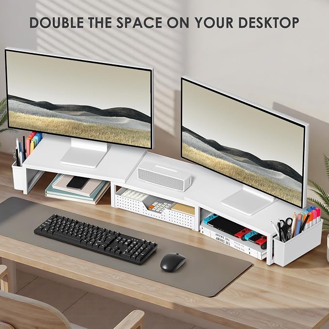 OPNICE Desk Organizers and Accessories, Dual Monitor Stand Riser with Drawer and 2 Pen Holders, Desk Shelf Metal Computer Racks for Office Workspace Organizers, Desktop Organization (White Metal)