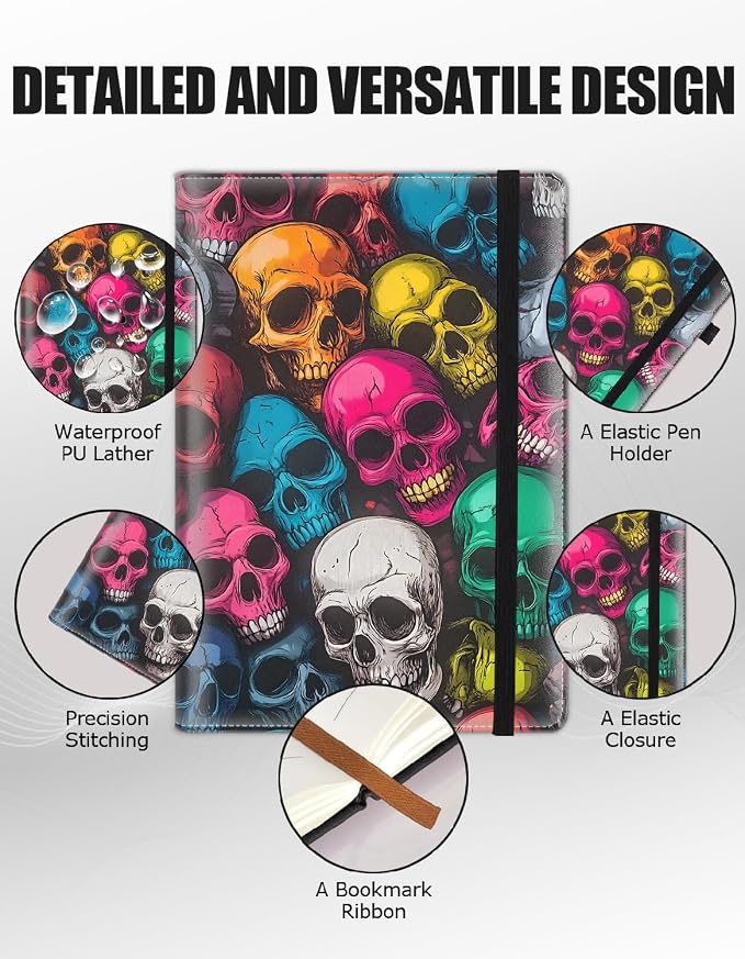 Hardcover Executive Notebooks, A5 PU Leather Lined Journal Notebook, 200 Pages Thick Paper Subject Notebooks for School,Work,Home Writing Business Notebook, Diary Book ，Colored Skull