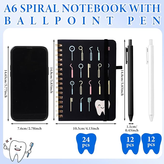 Fulmoon 24 Set Dental A6 Spiral Notebook with Ballpoint Pens 50 Sheets, 4"x 6" Small College Ruled Notepads Journaling Notebooks Bulk Dental Assistant Hygiene Gifts for Back to School Supplies Offices