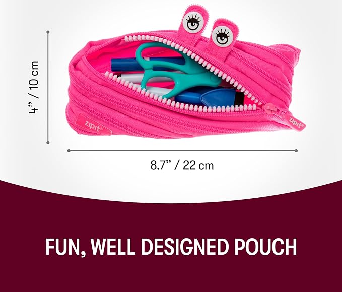 ZIPIT Monster Pencil Case for Girls, Cute Zipper Pouch for Kids Teens, Stationery Bag for School ,Pink