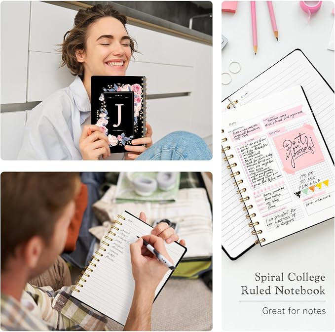 Lined Spiral Journal for Women, A5 Notebook for Work, 160 Pages, Letter J | College Ruled Spiral Notebook, Hardcover with Elegant Design for Note-Taking, 5.5 * 8.25 inch