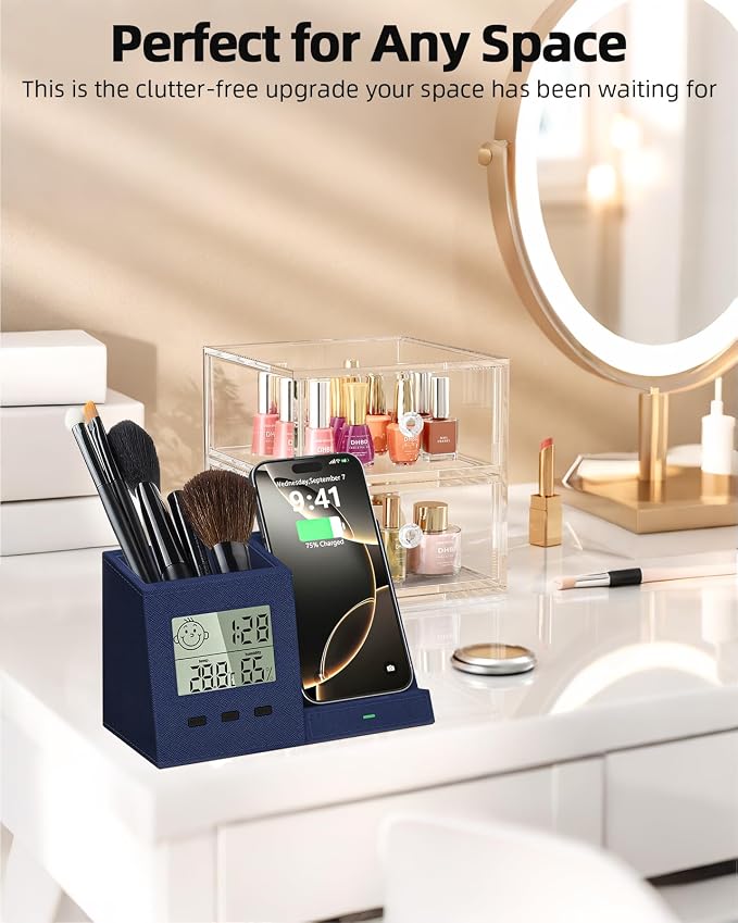 Desk Organizer with Wireless Charger, Digital Clock, Thermometer & Hygrometer - Multi-Functional Pencil Holder, Office Desk Accessories Storage Caddy for Home, Office, Men, Women (Battery Included)