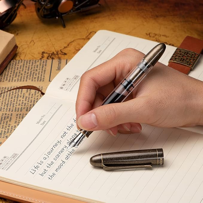 Asvine P30 Piston Fountain Pen Extra Fine, Retro Brass Style, Transparent Acrylic Large Ink Capacity Writing Gift Box