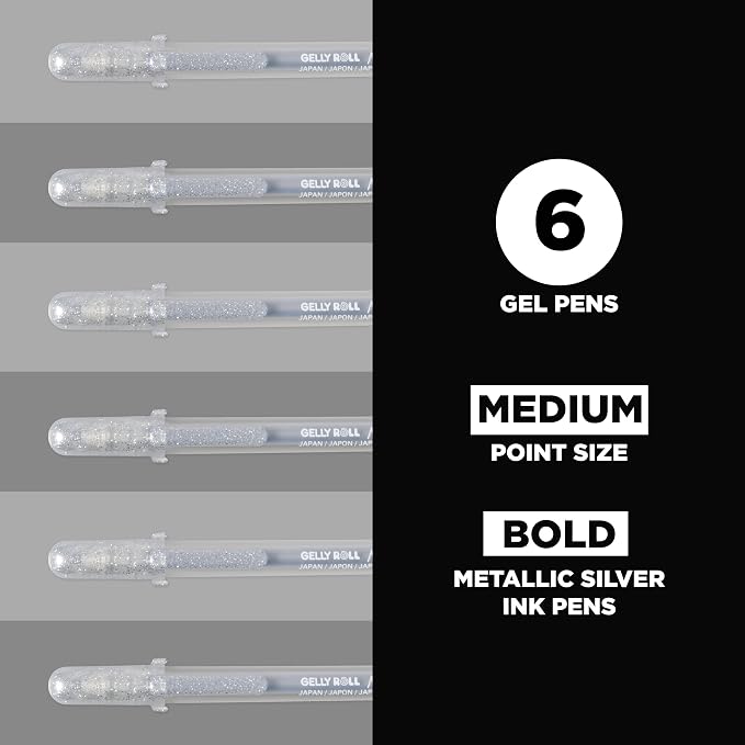 SAKURA Gelly Roll Metallic Gel Pens, 6 Piece Silver, 6 Pack